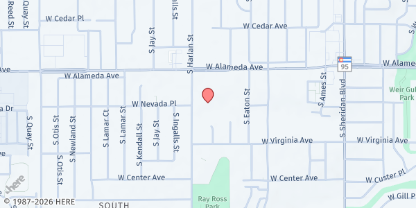 Map showing Red Rocks Church at 5810 W Alameda Ave, Lakewood, CO