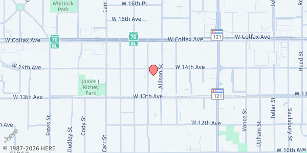 Map showing Redeeming Love Fellowship at 1380 Ammons Street, Lakewood, CO