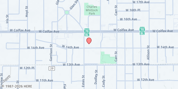 Map showing The Action Center at 8755 W. 14th Ave., Lakewood, CO