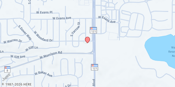 Map showing Westwoods Community Church at 7700 W Woodard Dr, Lakewood, CO