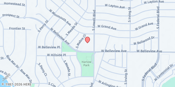 Map showing FBR Mobile Pantry St. James Presbyterian Church at 3601 W. Belleview Ave., Littleton, CO