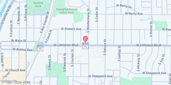 Map showing First Presbyterian Church of Littleton at 1609 W. Littleton Blvd., Littleton, CO