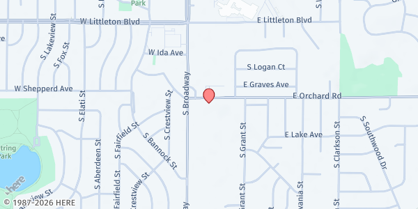 Map showing Grace Point Community Church at 90 E. Orchard Rd., Littleton, CO