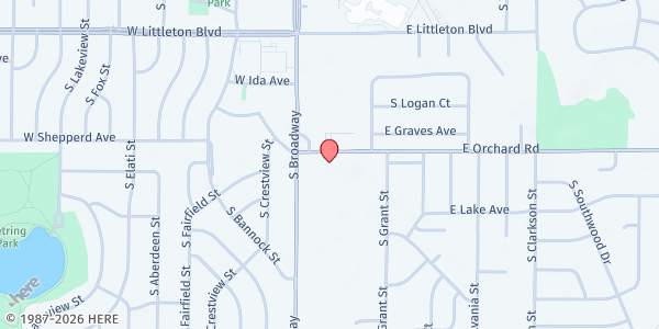 Map showing GracePoint Community Church Food Bank at 90 E. Orchard Rd., Littleton, CO