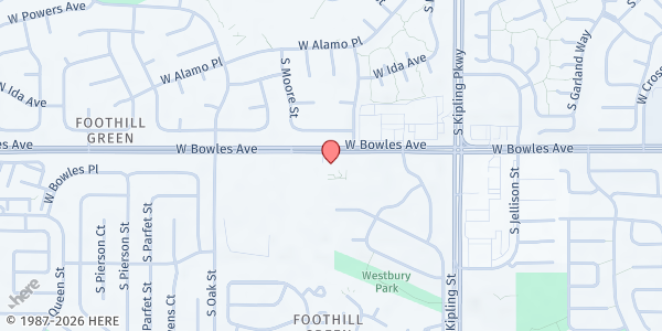 Map showing Julia Greeley Outreach Center (Food Pantry) at 10316 W Bowles Ave, Littleton, CO
