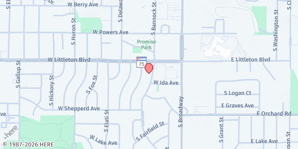 Map showing Love INC of Littleton - Food Pantry at 5745 S Bannock St, Littleton, CO