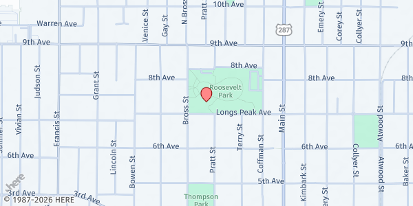 Map showing Longmont Meals on Wheels at 910 Longs Peak Ave., Longmont, CO