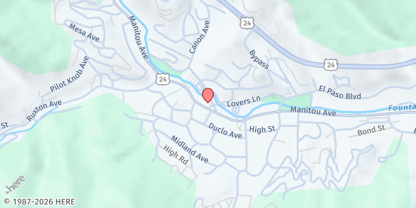 Map showing Manitou Springs Community Pantry at 808 Manitou Ave, Manitou Springs, CO