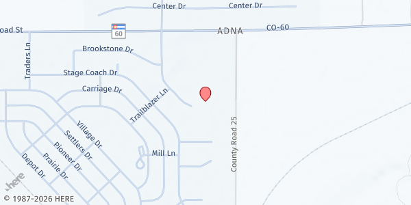 Map showing Thompson River Parks & Rec at 320 Centennial Dr, Milliken, CO