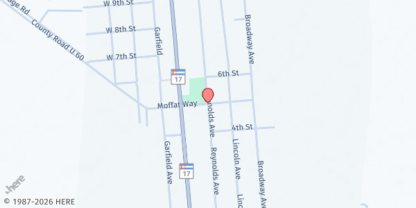Map showing Moffat Food Bank at 10 E. Moffat Way, Moffat, CO