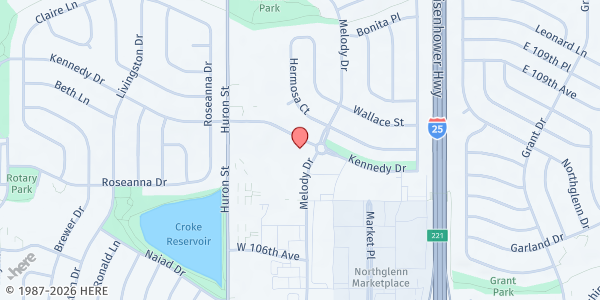 Map showing Good Shepherd Food Bank at 10785 Melody Dr, Northglenn, CO