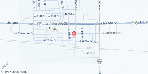 Map showing Olathe Assembly of God at 402 U.S. 50 Business Loop, Olathe, CO