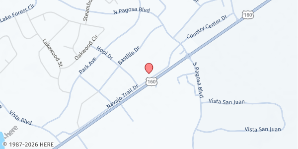 Map showing Our Community Eats - Pagosa Springs at 197 Navajo Trail Drive, Pagosa Springs, CO