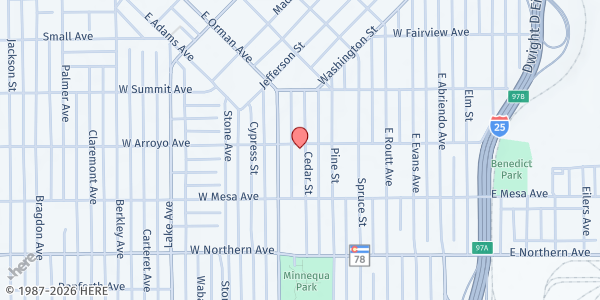 Map showing Full Force Ministries Food Pantry at 1101 Cedar St., Pueblo, CO
