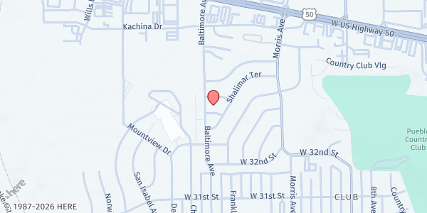 Map showing New Heights Baptist Church at 3304 Baltimore Ave., Pueblo, CO