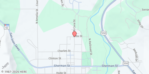 Map showing Ouray County Food Pantry at 602 N Cora St, Ridgway, CO