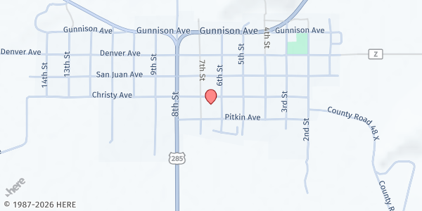 Map showing Saguache Food Bank at 605 Christy Ave, Saguache, CO