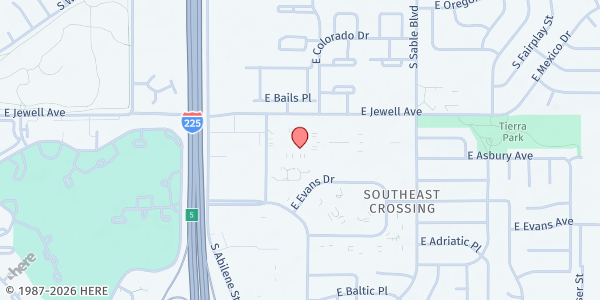 Map showing Agape Seventh Day Adventist Church at 14190 East Jewell Avenue, Southeast Crossing, CO