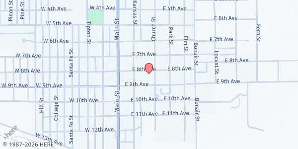 Map showing First Baptist Church at 801 Church St, Springfield, CO