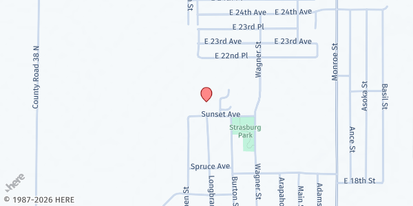 Map showing CARES Food Bank at 56155 Sunset Ave, Strasburg, CO