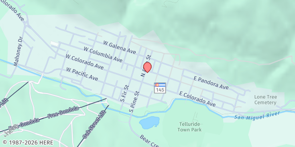 Map showing Telluride Christian Fellowship at 100 E Columbia Ave, Telluride, CO