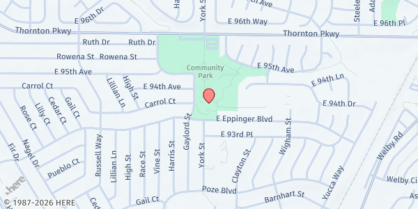 Map showing Thornton Community Center at 2211 Eppinger Blvd., Thornton, CO
