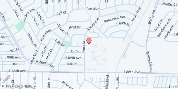 Map showing Thornton Community Food Bank at 8990 York St., Thornton, CO