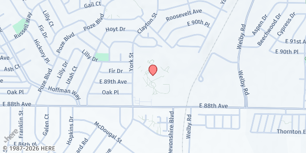 Map showing Thornton Community Food Bank at Skyview High School at 8990 York St., Thornton, CO