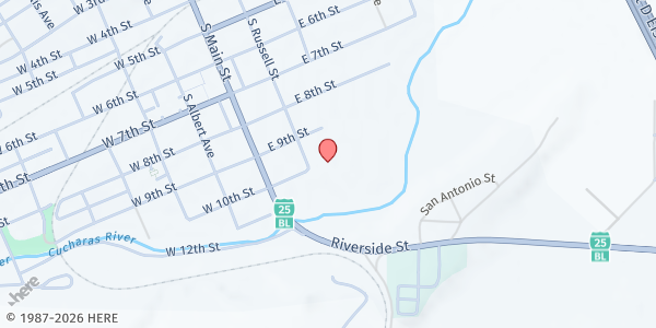 Map showing Huerfano County Department of Human Services (DHS) at 928 Russell St, Walsenburg, CO