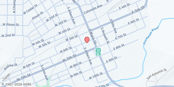 Map showing Huerfano County Dept of Social Services - Walsenburg at 121 W 6th St, Walsenburg, CO