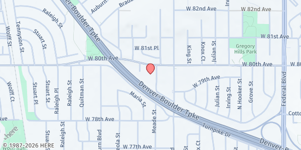 Map showing Advent Lutheran Church - Food Pantry at 7979 Meade St., Westminster, CO