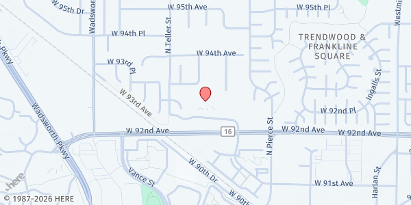 Map showing Tri-City Baptist Foodbank at 6953 W. 92nd Ave., Westminster, CO