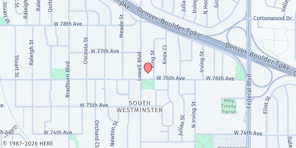 Map showing Westminster United Methodist Church Food Assistance at 3585 W. 76th Ave., Westminster, CO