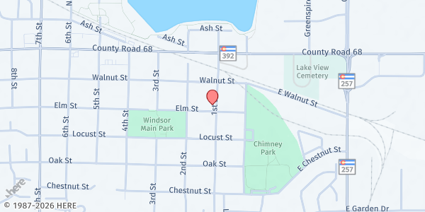Map showing Windsor Church of Christ at 102 Elm St., Windsor, CO