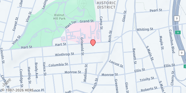 Map showing NEW BRITAIN - Wheeler Clinic at 40 Hart Street, New Britain, CT