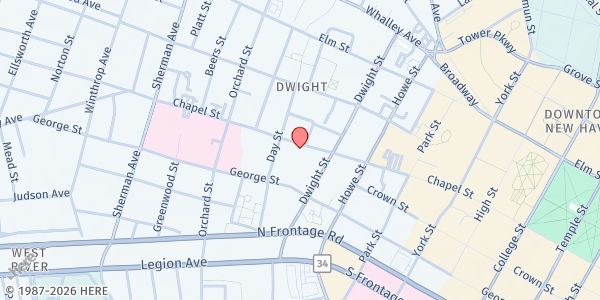 Map showing Aids Project New Haven - Food Distribution Center at 1302 Chapel St, New Haven, CT