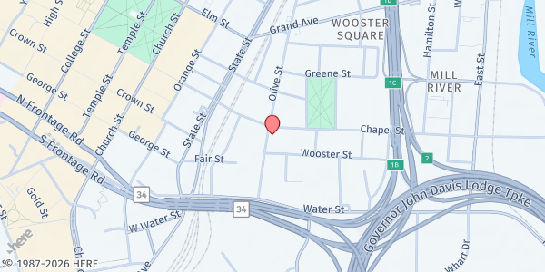 Map showing St. Paul & St. James Episcopal Church at 57 Olive St, New Haven, CT