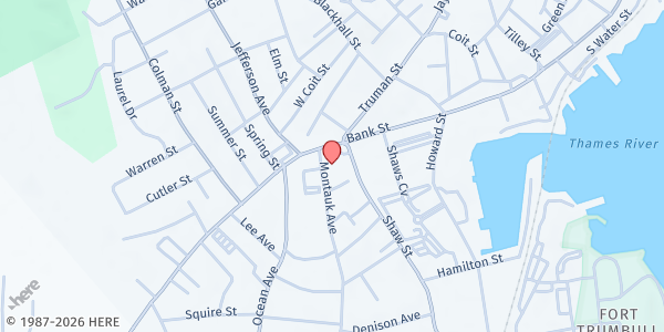 Map showing New London Community Meal Center at 12 Montauk Ave, New London, CT