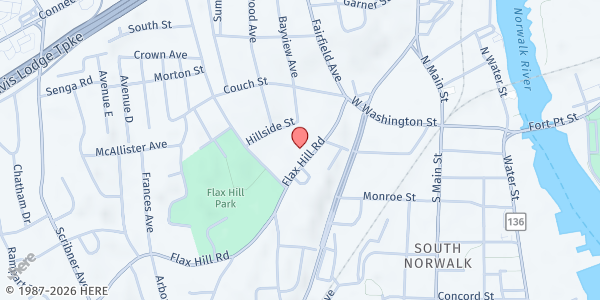 Map showing NORWALK - Catholic Charities @ Ben Franklin Preschool at 66 Bayview Ave, Norwalk, CT