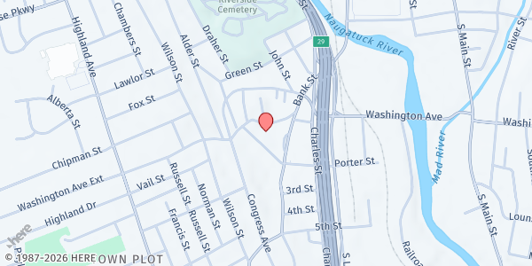 Map showing Duggan School - Mobile Food Pantry Stop at Bus loop behind school on Bank St, Waterbury, CT