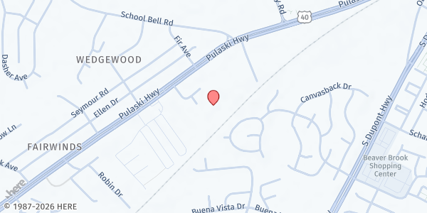 Map showing Alpha Worship Center - Pantry of Hope at 2020 Firedancer Ln., Bear, DE