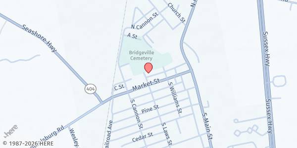 Map showing Union Methodist Church at 2 N Laws St, Bridgeville, DE
