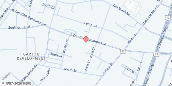 Map showing Camden Friends Meeting at 122 E Camden Wyoming Ave, Camden, DE