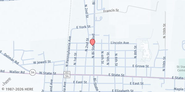 Map showing Harvest Ministries at 305 N. Bi State Blvd., Delmar, DE