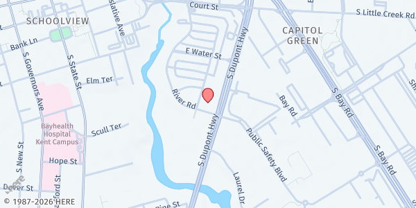 Map showing James Williams State Service Center at 805 River Rd., Dover, DE