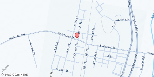 Map showing Greenwood United Methodist Church at 101 W Market St, Greenwood, DE
