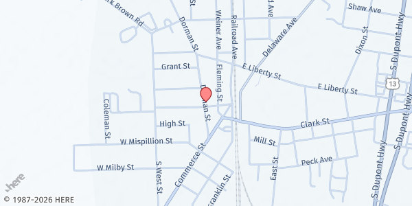 Map showing Lake Forest Church Association Food Pantry at 102 Dorman St, Harrington, DE