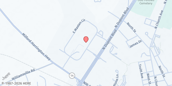 Map showing BCCS Milford Drop-In Center at 769 E. Masten Cir., Milford, DE