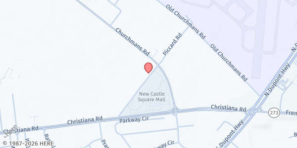 Map showing Churchman's Social Service Center at 84 Christiana Rd., New Castle, DE