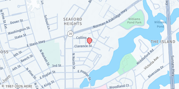 Map showing Clarence Street Church of God at 744 Clarence St., Seaford, DE
